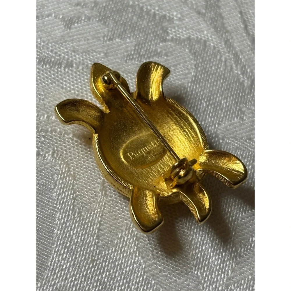 Paquette Vintage Gold Tone Turtle Brooch Animal Pin Textured Honeycomb Shell